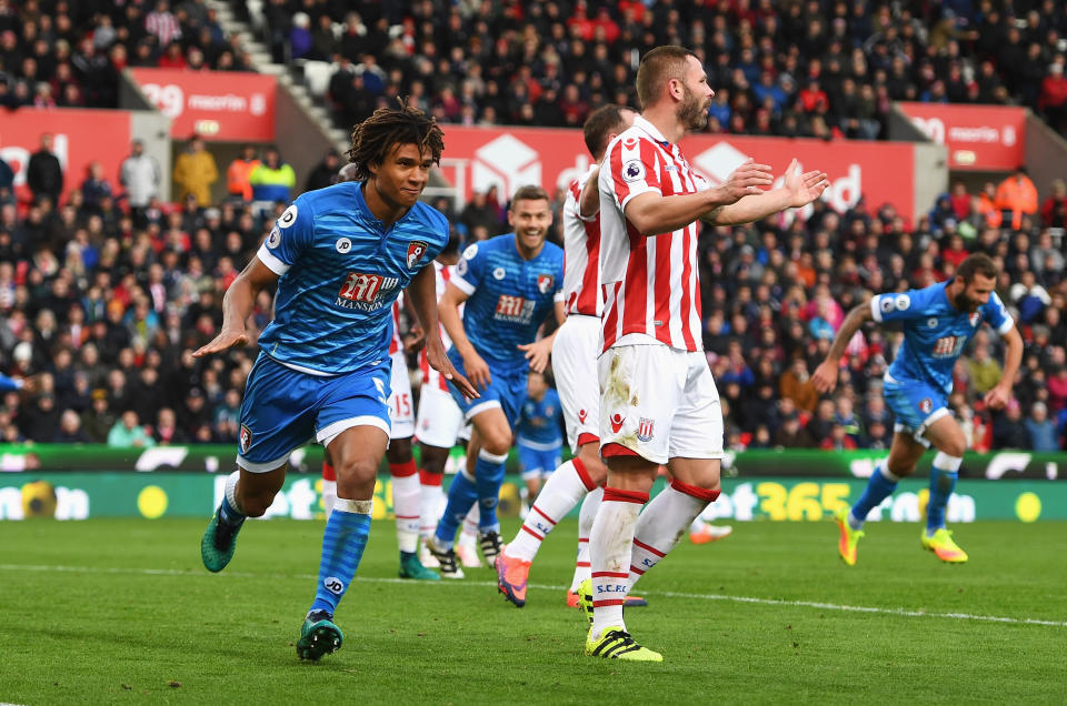 Nathan Aké wheels away after scoring the winner against Stoke last season.