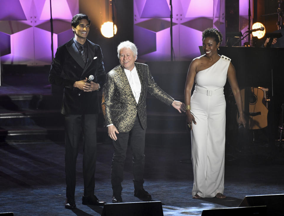 Michael Maliakel, left, Alan Menken and Heather Headley perform at the 52nd annual Songwriters Hall of Fame induction and awards ceremony at the New York Marriott Marquis Hotel on Thursday, June 15, 2023, in New York. (Photo by Evan Agostini/Invision/AP)