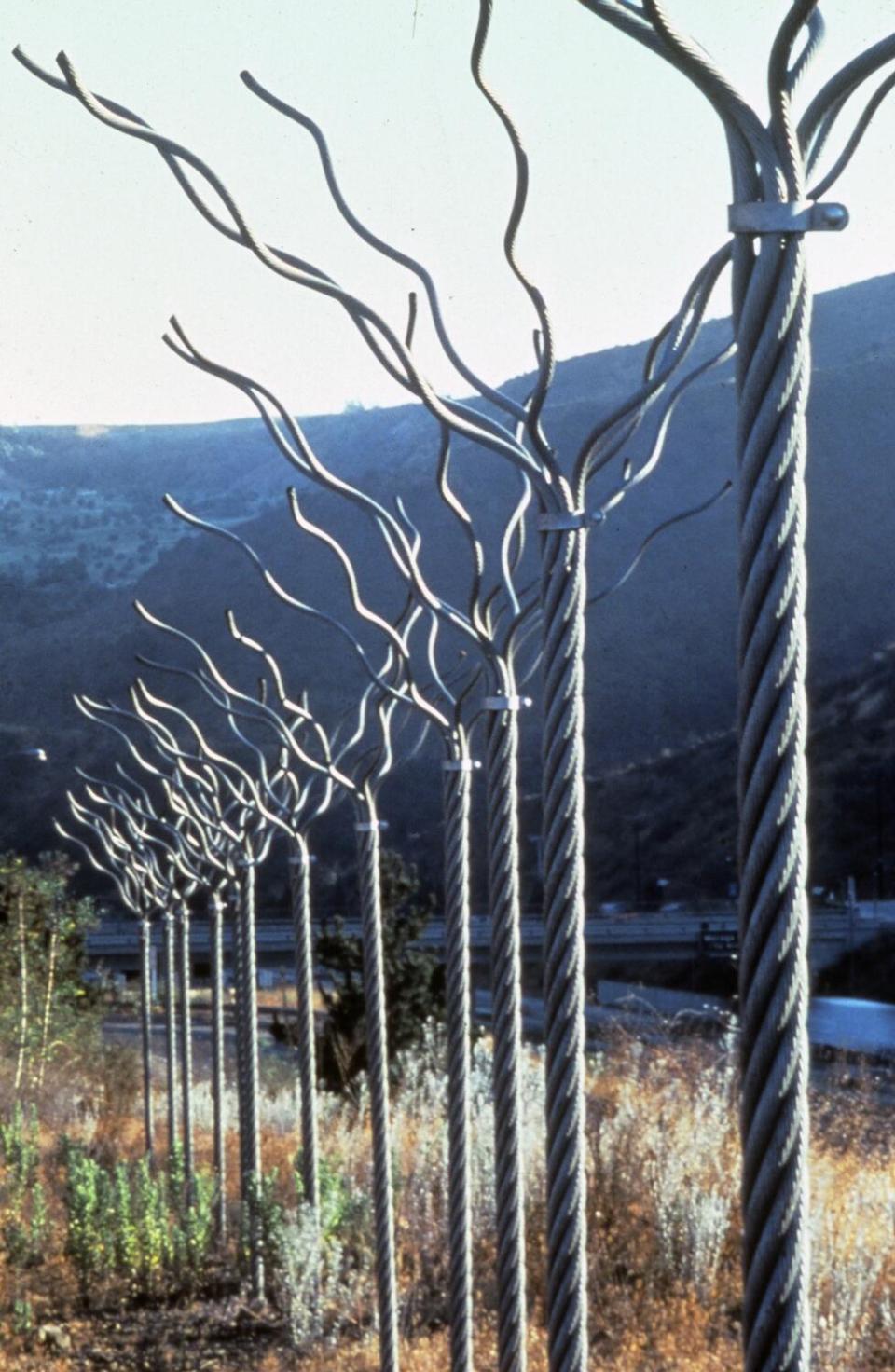 Maren Hassinger's "Twelve Trees" (1979) installed along the Los Angeles highway