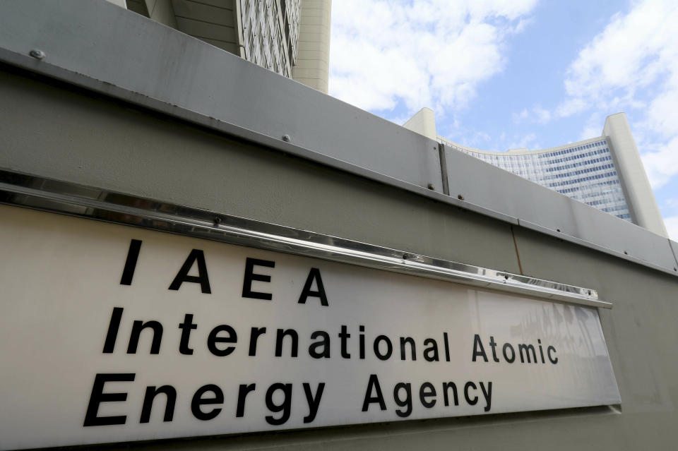 The entrance of the UN building with the International Atomic Energy Agency, IAEA, office inside, is pictured at the International Center, in Vienna, Austria, Wednesday, July 10, 2019. (AP Photo/Ronald Zak)