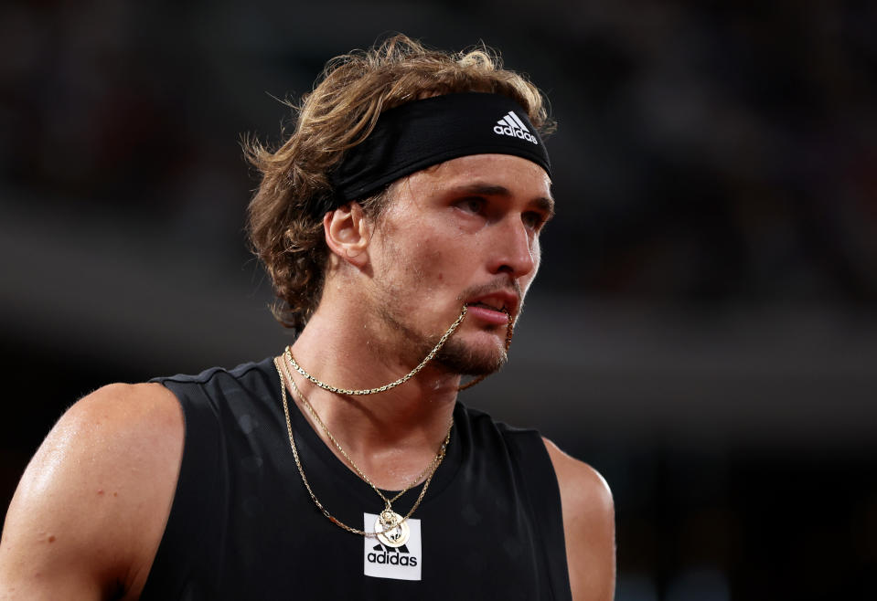 PARIS, FRANCE - JUNE 03: Alexander Zverev of Germany looks on against Rafael Nadal of Spain during the Men's Singles Semi Final match on Day 13 of The 2022 French Open at Roland Garros on June 03, 2022 in Paris, France. (Photo by Clive Brunskill/Getty Images)