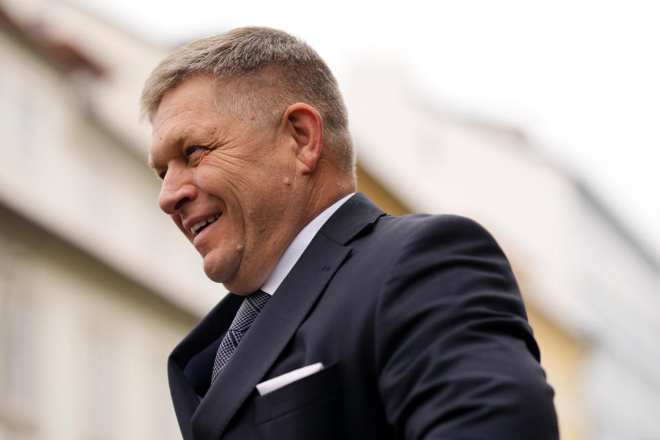 Slovakia's Prime Minister Robert Fico arrives for the V4 meeting in Prague, Czech Republic, Tuesday, Feb. 27, 2024. (AP Photo/Petr David Josek)