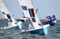 WEYMOUTH, ENGLAND - JULY 28: Elodie Bertrand, Claire Leroy and Marie Riou of France in action during an Elliott 6 Meter Class practice race at the Weymouth & Portland Venue during the London 2012 Olympic Games on July 28, 2012 in Weymouth, England. (Photo by Clive Mason/Getty Images)