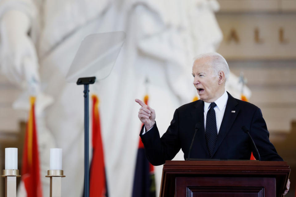 President Joe Biden speaks during the U.S. Holocaust Memorial Museum's Annual Days of Remembrance ceremony at the U.S. Capitol on May 7, 2024. (Photo by Anna Moneymaker/Getty Images)