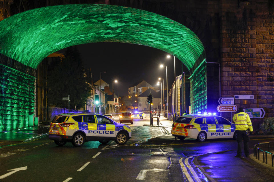 KILMARNOCK, SCOTLAND - FEBRUARY 4: General view of Kilmarnock town centre with police at the scene on February 4, 2021 in Kilmarnock, Scotland. Crosshouse Hospital near Kilmarnock is under lockdown as Police Scotland attend a serious incident. They are also in attendance to another incident in the town centre. (Photo by Robert Perry/Getty Images)