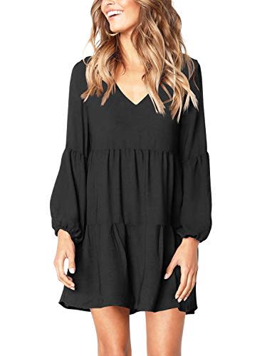 Amoretu Women's Deep V Neck Loose Shift Pleated Tunic Dress Long Sleeves Black S (Amazon / Amazon)