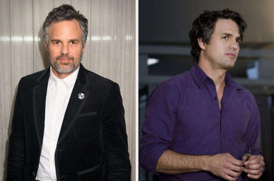 side by side of Mark at an event and as Bruce Banner