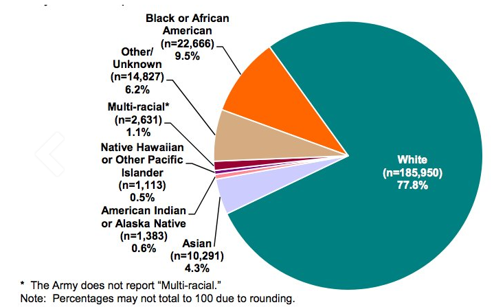 美軍各族裔軍官比例圖。（美國國防部）