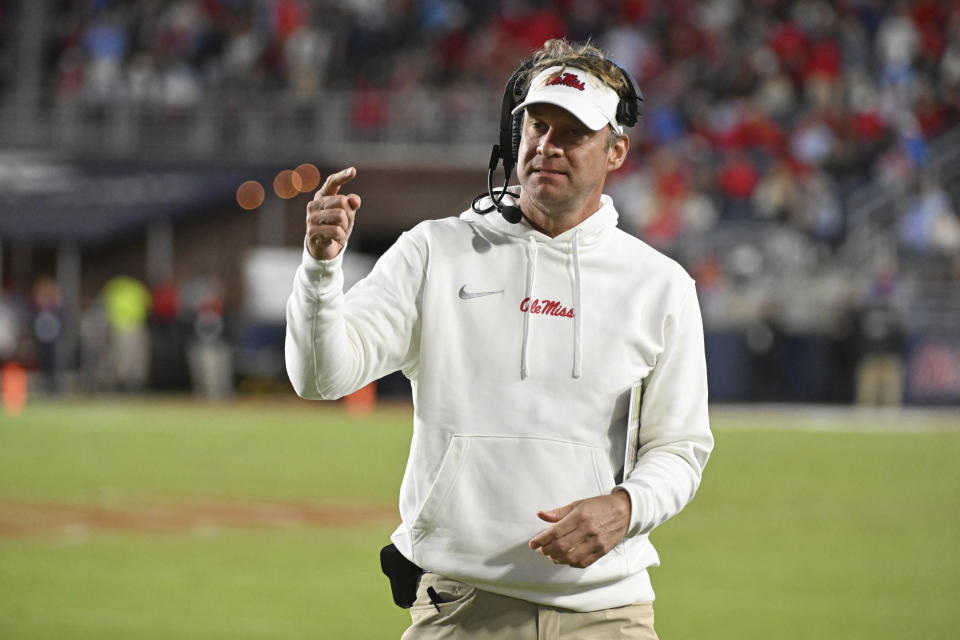 Mississippi head coach Lane Kiffin gestures during the second half of an NCAA college football game against Arkansas in Oxford, Miss., Saturday, Oct. 7, 2023. (AP Photo/Thomas Graning)