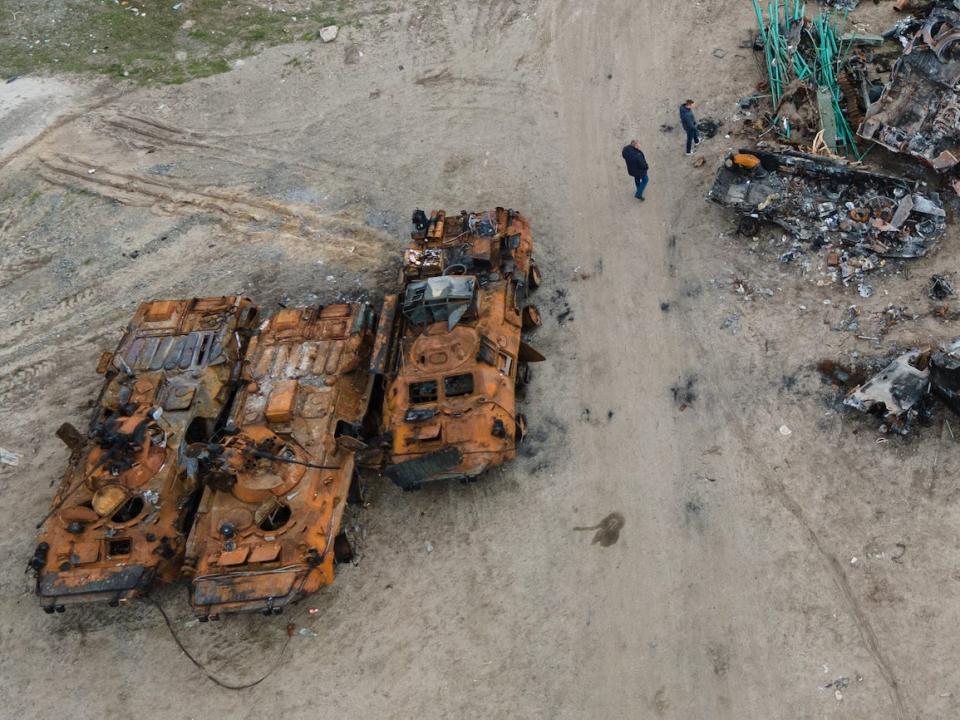 destroyed military vehicles in Bucha, Ukraine