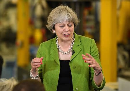 Britain's Prime Minister Theresa May speaks during a Q&A at Cross Manufacturing Company in Odd Down in Bath, Britain, May 31, 2017. REUTERS/Leon Neal/Pool