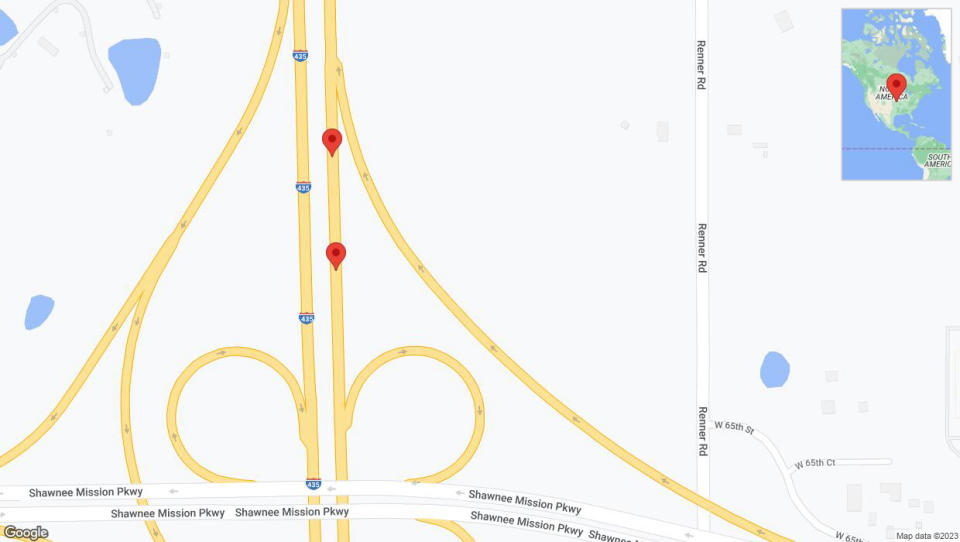 A detailed map that shows the affected road due to 'Broken down vehicle on northbound I-435 in Shawnee' on November 22nd at 4:35 p.m.