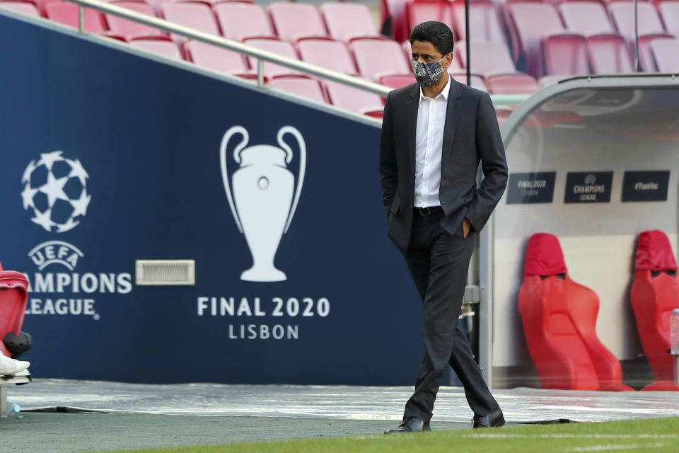 FILE - In this file photo dated Saturday Aug. 22, 2020, PSG president Nasser Al-Khelaifi during a training session at the Luz stadium in Lisbon. In a verdict handed down Friday Oct. 30, 2020, Swiss federal judges acquitted the Qatari president of Paris Saint-Germain Nasser Al-Khelaifi. (Miguel A. Lopes/Pool via AP, FILE)