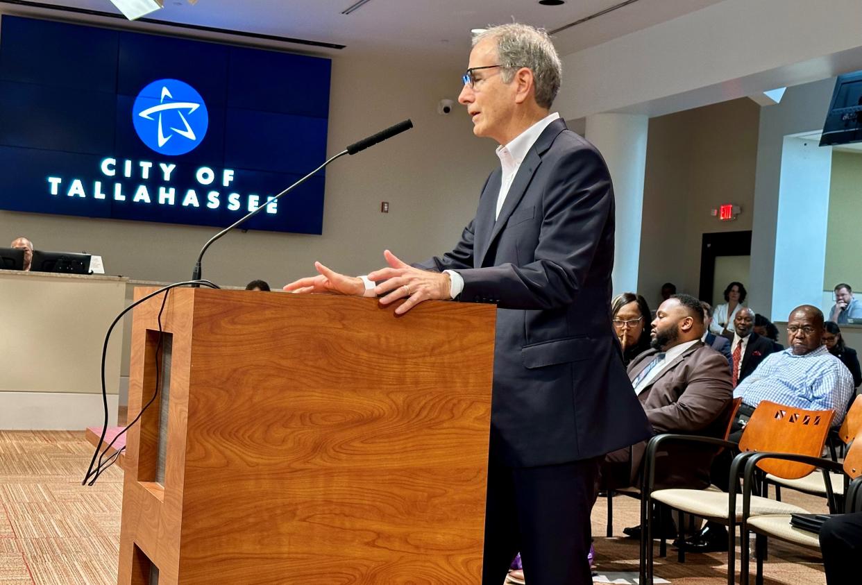 Former Tallahassee City Commissioner Mark Mustian, chairman of the Charter Review Committee, presents its recommendations on proposed charter amendments to city commissioners during their meeting March 27, 2024, at City Hall.