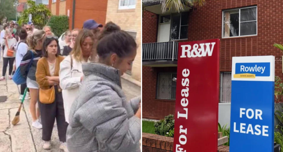 Renters queuing for a rental inspection and for lease signs in front of a Sydney apartment building. Source: TikTok/AAP