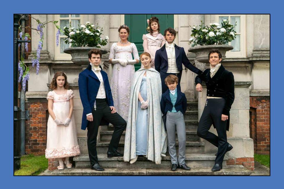 <p>Liam Daniel/Netflix</p> From left: Florence Hunt, Luke Newton, Ruth Gemmell, Phoebe Dynevor, Claudia Jessie, Jonathan Bailey, Will Tilston, and Luke Thompson on 