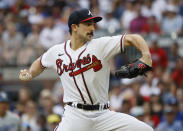 Atlanta Braves starting pitcher Spencer Strider throws to a Los Angeles Dodgers batter during the first inning of a baseball game Sunday, June 26, 2022, in Atlanta. (AP Photo/Bob Andres)