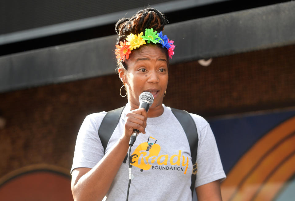WEST HOLLYWOOD, CALIFORNIA - JUNE 19: Tiffany Haddish speaks onstage at Comic and Hollywood Communities Coming Together to Mark Juneteenth Anniversary of Freedom on June 19, 2020 in West Hollywood, California. (Photo by Matt Winkelmeyer/Getty Images)