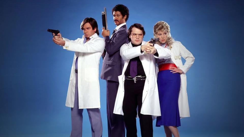 Matt Berry, Richard Ayoade, Matthew Holness (as Garth Marenghi) and Alice Lowe in a promo shot for 'Garth Marenghi’s Darkplace'