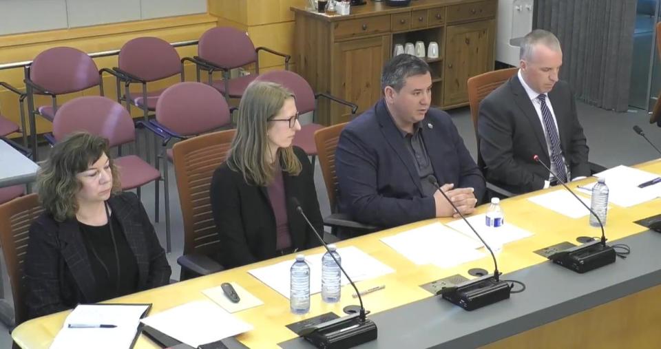 Municipal and community affairs officials from left to right: Sonya Saunders, assistant deputy minister, Emily King, public safety director, Vince McKay, minister, and Gary Brennan, deputy minister. 