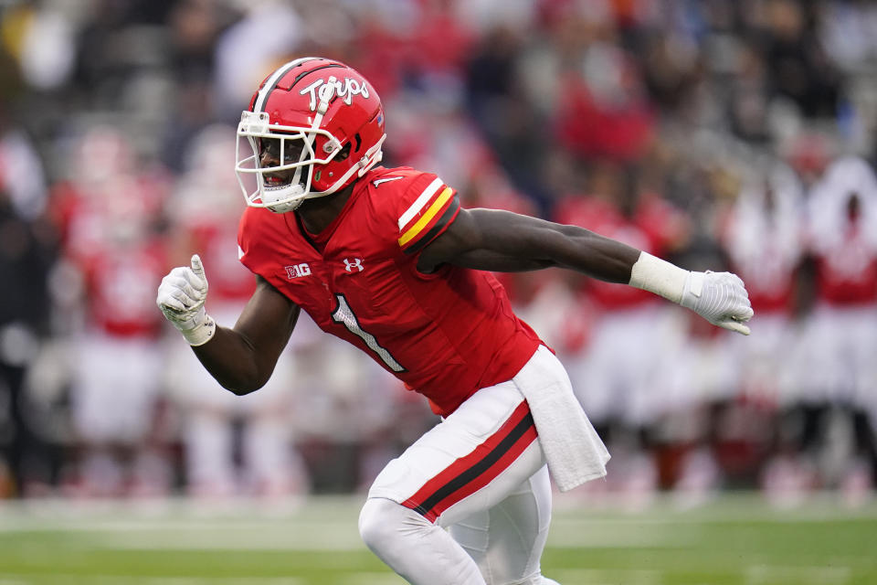 Maryland wide receiver Rakim Jarrett runs a route against Michigan State during the second half of an NCAA college football game, Saturday, Oct. 1, 2022, in College Park, Md. (AP Photo/Julio Cortez)