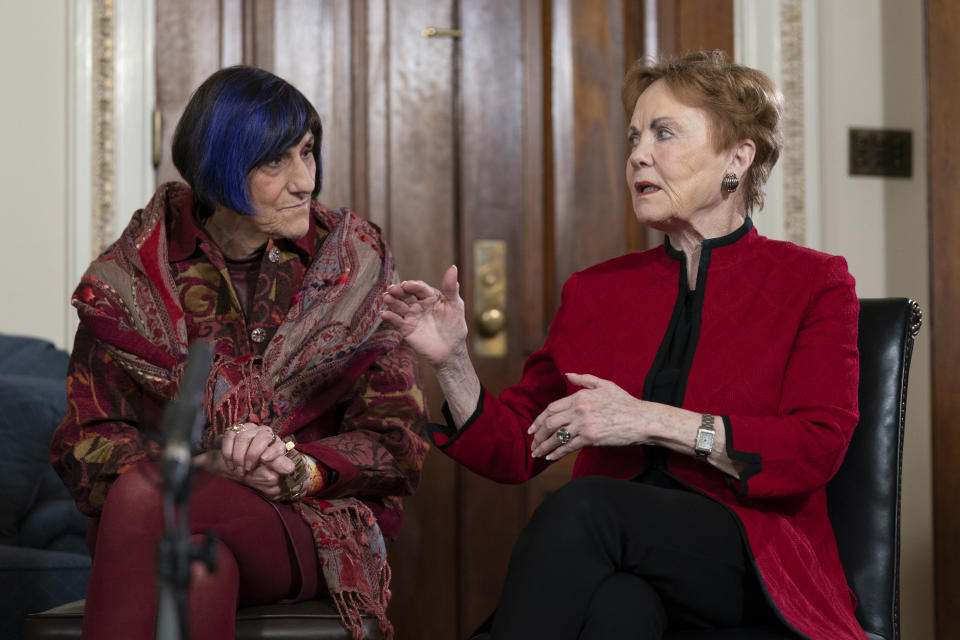 House Appropriations Committee ranking member Rep. Rosa DeLauro, D-Conn.; listens to House Appropriations Committee chair Rep. Kay Granger, R-Texas, during an interview with The Associated Press, along with with Shalanda Young, the first Black woman to lead the Office of Management and Budget; Senate Appropriations Committee ranking member Sen. Susan Collins, R-Maine; and Senate Appropriations Committee chair Sen. Patty Murray, D-Wash., at the Capitol in Washington, Thursday, Jan. 26, 2023. It's the first time in history that the four leaders of the two congressional spending committees are women. (AP Photo/Manuel Balce Ceneta)