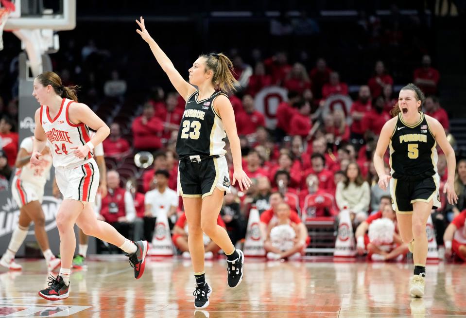 Jan 29, 2023; Columbus, OH, USA; Purdue Boilermakers guard Abbey Ellis (23) celebrates a three pointer against Ohio State Buckeyes during the fourth quarter of the NCAA women's basketball game at Value City Arena. 