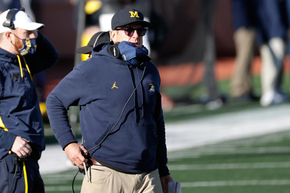 Nov 28, 2020; Ann Arbor, Michigan, USA; Michigan Wolverines head coach Jim Harbaugh on the sideline in the second half against the Penn State Nittany Lionsat Michigan Stadium. Mandatory Credit: Rick Osentoski-USA TODAY Sports