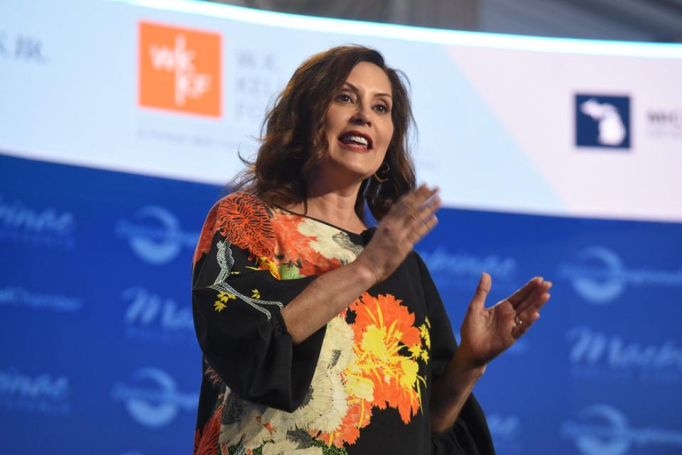 Gov. Gretchen Whitmer makes welcoming remarks at the Mackinac Policy Conference held by the Detroit Regional Chamber May 31, 2023.