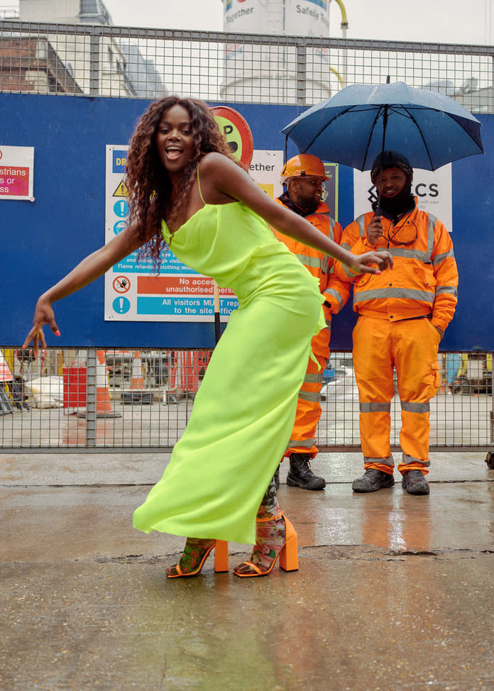 <p>Silver in a Versace gown, leggings, and sandals. Photographed by Charlotte Hadden.</p>