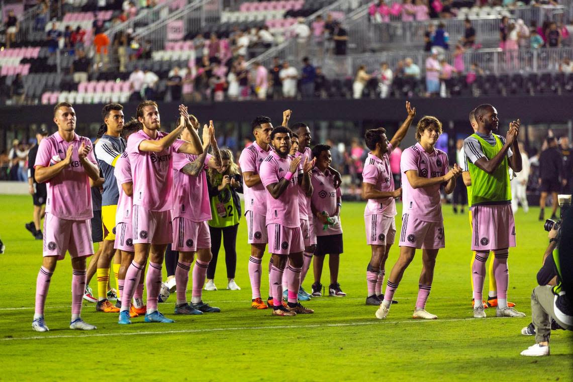 Inter Miami CF players react to defeating the New England Revolution 2-1 after the second half of an MLS game at DRV PNK Stadium in Fort Lauderdale, Florida, on Saturday, May 13, 2023.