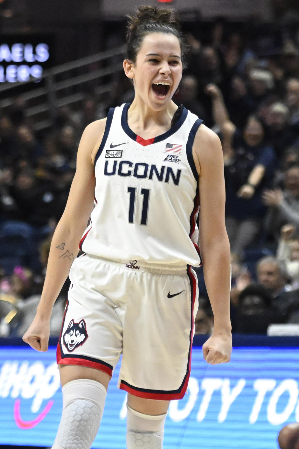 UConn's Lou Lopez-Senechal (11) reacts in the first half of an NCAA college basketball game against DePaul, Monday, Jan. 23, 2023, in Storrs, Conn. (AP Photo/Jessica Hill)