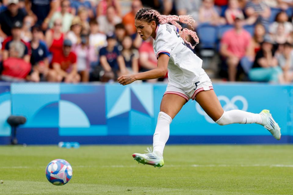 United States forward Trinity Rodman (5) gets prepared to take the shot on what proved to be the game-winning goal against Japan during the quarterfinals at the Paris Olympics at Parc des Princes in Paris on Aug. 3, 2024.