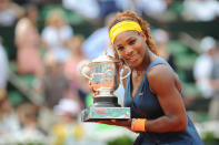 Serena Williams of United States of America poses with the Coupe Suzanne Lenglen after victory in the Women's Singles Final match against Maria Sharapova of Russia during day fourteen of French Open at Roland Garros on June 8, 2013 in Paris, France. (Photo by Stephane Cardinale/Corbis via Getty Images)