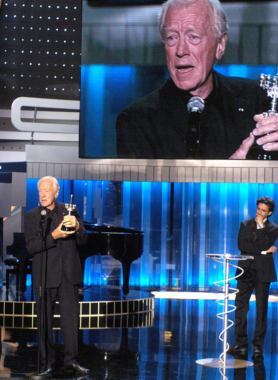 Actor Max Von Sydow, left, from Sweden, speaks after receiving the "Donostia" award for his lifetime career at the San Sebastian film festival, in San Sebastian, Spain, Sunday Sept. 24, 2006. (AP Photo/EFE, Juan Herrero) ** LATIN AMERICA, CARIBBEAN AND SPAIN OUT **  