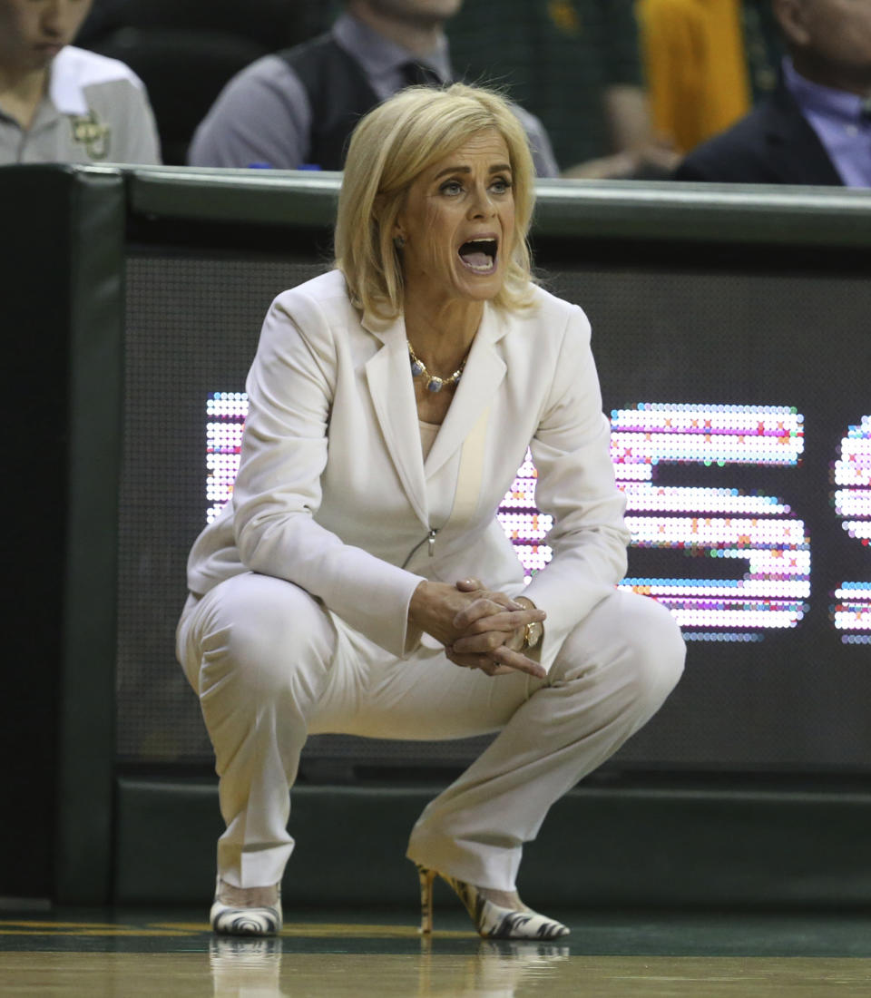 Baylor head coach Kim Mulkey calls in an offensive play against TCU in the second half of an NCAA college basketball game, Saturday, Feb. 9, 2019, in Waco, Texas. Baylor won 89-71. (AP Photo/Rod Aydelotte)