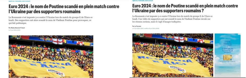 <span>Captures d'écrans des deux versions de l'article du parisien du 17 juin 2024</span>