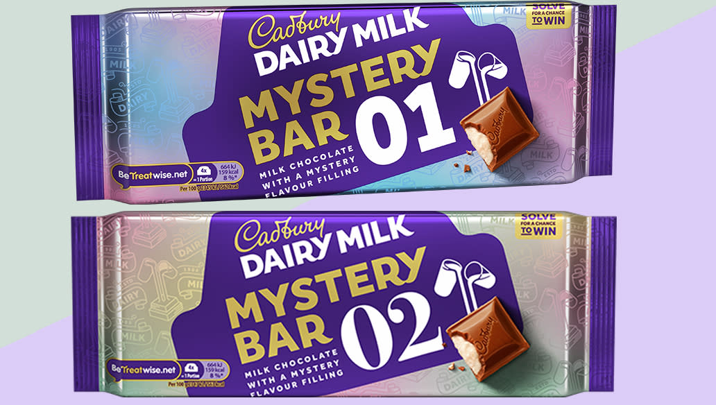 We can't wait to try and guess the mystery flavours of Cadbury's newest chocolate bars. (Cadbury)