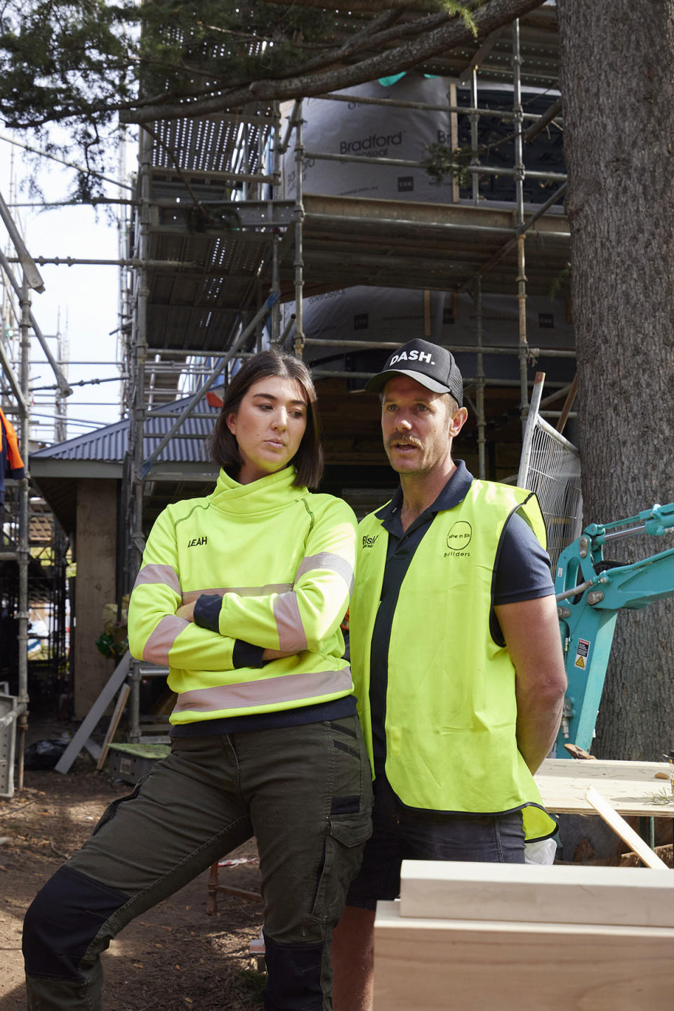 The Block's Leah and Ash standing on site