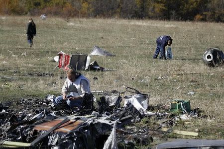 Members of the recovery team work at the site where the downed Malaysia Airlines flight MH17 crashed, near the village of Hrabove (Grabovo) in Donetsk region, eastern Ukraine, October 13, 2014. REUTERS/Shamil Zhumatov