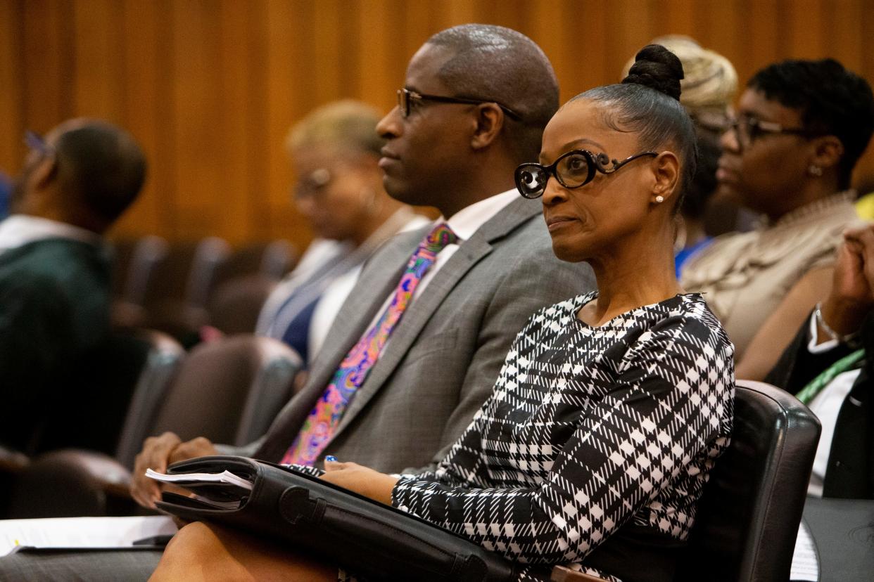 Shelby County Clerk Wanda Halbert listens to a speaker during a Shelby County Board of Commissioners budget committee meeting in Downtown Memphis, on Wednesday, May 1, 2024.