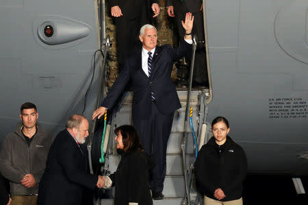 U.S. Vice President Mike Pence and his wife Karen arrive at Ben Gurion international Airport in Lod, near Tel Aviv, Israel January 21, 2018. REUTERS/Ammar Awad