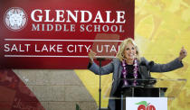 First lady Jill Biden speaks during a visit to Glendale Middle School in Salt Lake City, Wednesday, May 5, 2021. Biden visited the school to thank teachers for their diligence and hard work during the pandemic. (Laura Seitz/The Deseret News via AP)