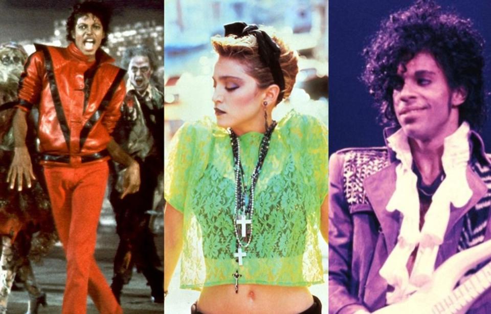 Michael Jackson in the video for "Thriller," Madonna's single cover for "Like a Virgin," and Prince in the movie "Purple Rain," all popular in 1984.