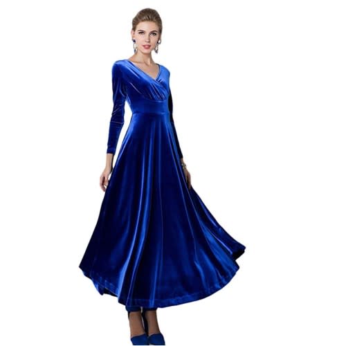 Urban CoCo Women Long Sleeve V-Neck Velvet Dress in Royal Blue—perfect after the holidays too, for a winter wedding. (Photo: Amazon)