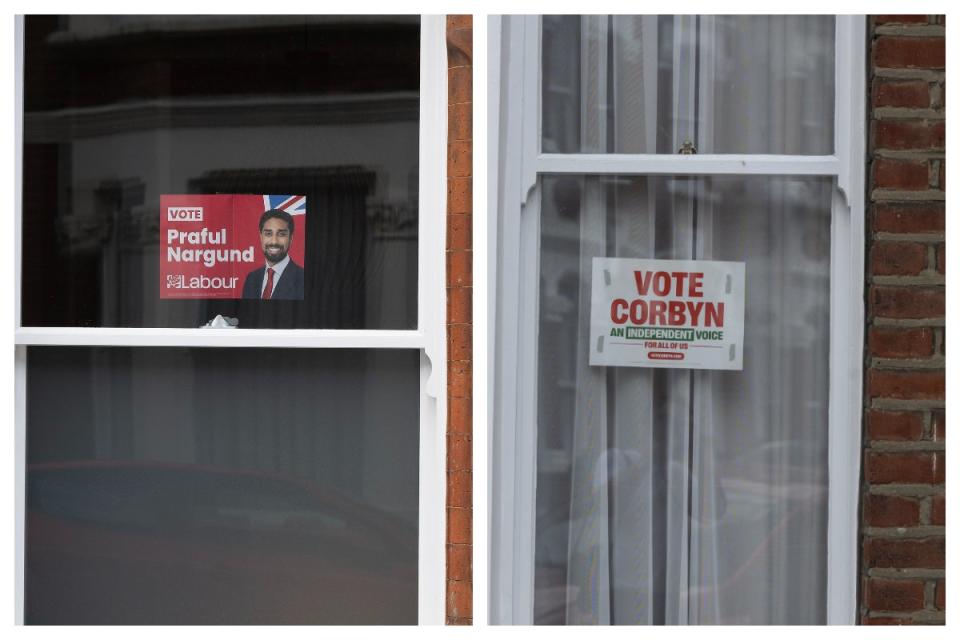 Opposing Praful Nargund and Jeremy Corbyn posters on the same street in Islington North (Daniel Hambury / Stella Pictures)