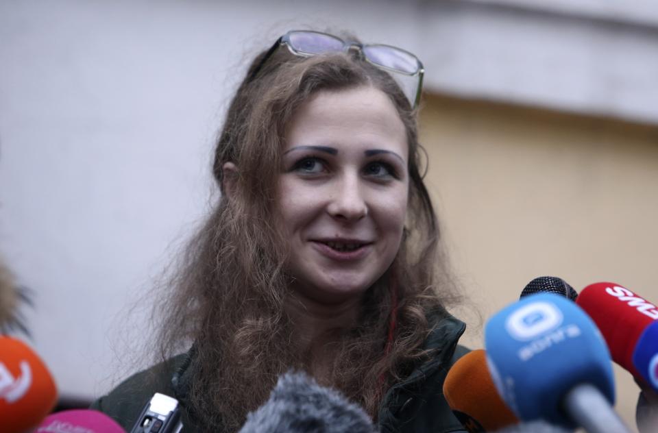 Alyokhina, member of Russian punk band Pussy Riot, speaks to the media after her release from a penal colony in Nizhny Novgorod