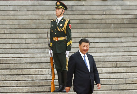 China's President Xi Jinping arrives at a welcoming ceremony for Brazil's President Michel Temer (not pictured) at the Great Hall of the People in Beijing, China September 1, 2017. REUTERS/Thomas Peter