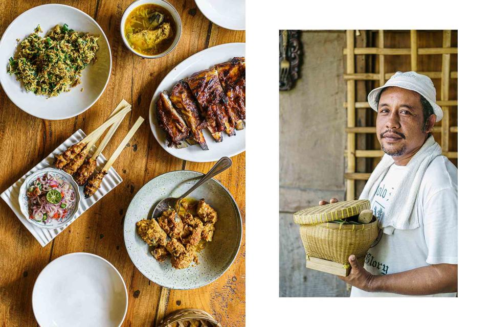 <p>Chris Schalkx</p> A spread at Daput Bali Mula, including lawar and sate lilit; Jero Mangku Dalem Suci Gede Yudiawan, the chef and owner of Dapur Bali Mula.