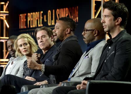 Cast member Cuba Gooding Jr. (C), speaks as Sterling K. Brown (L), Sarah Paulson (2nd L), John Travolta, Courtney B. Vance (2nd R) and David Schwimmer (R) look on during a panel for the FX Networks "The People v. O.J. Simpson: American Crime Story" during the Television Critics Association (TCA) Cable Winter Press Tour in Pasadena, California in this January 16, 2016 file photo. REUTERS/Kevork Djansezian/Files